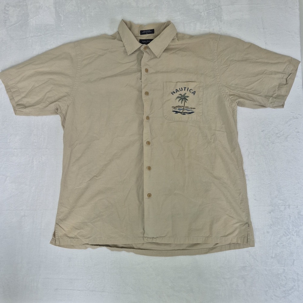Nautica Mens L Hawaiian Camp Shirt Beige Tropical Holiday Cruise Vacation Dad